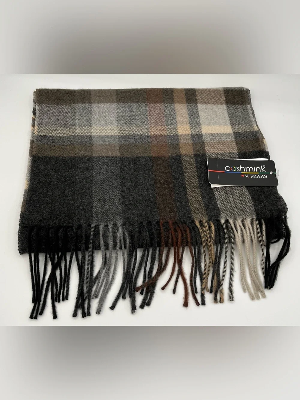 V. FRAAS Plaid Fringe Scarf in Gray, Brown and Cream
